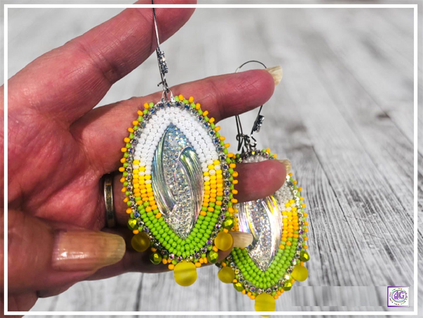 Beaded Earrings, Yellow Beaded Marquise Earrings