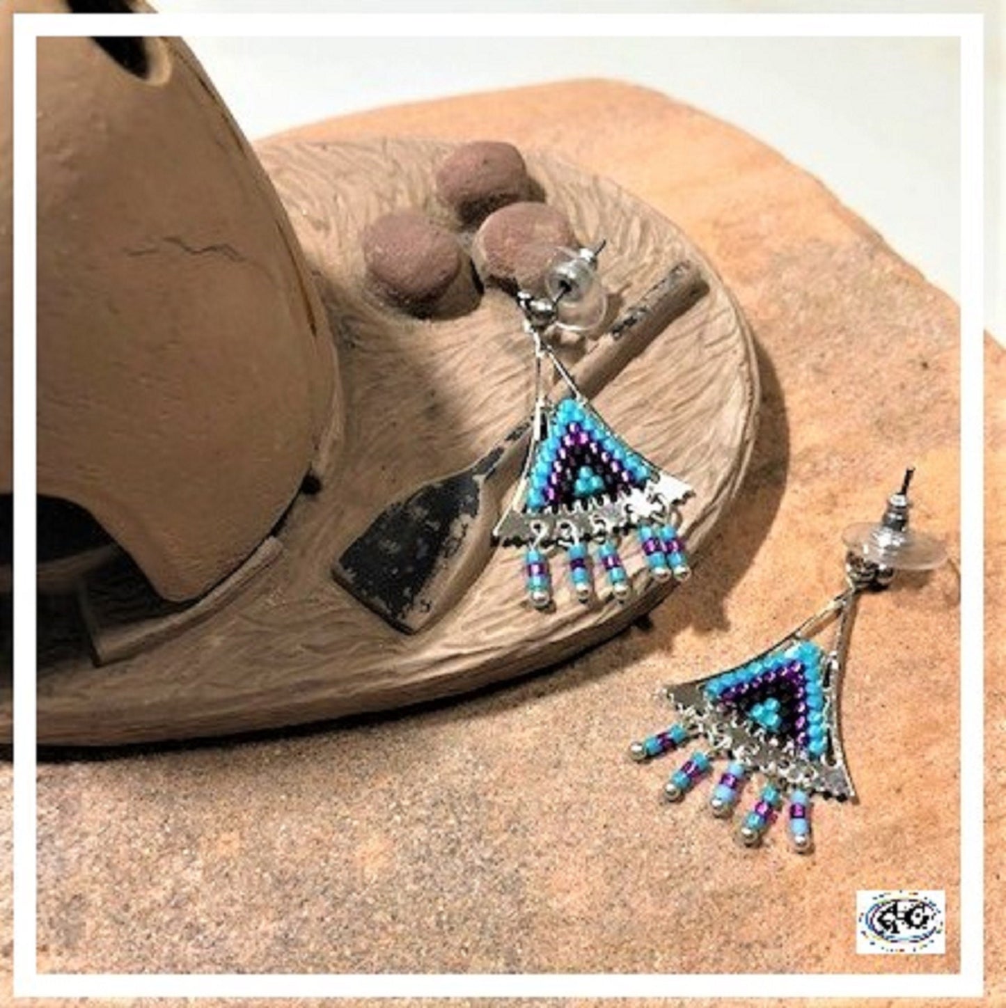Fuchsia Silver Beaded Triangle Earrings