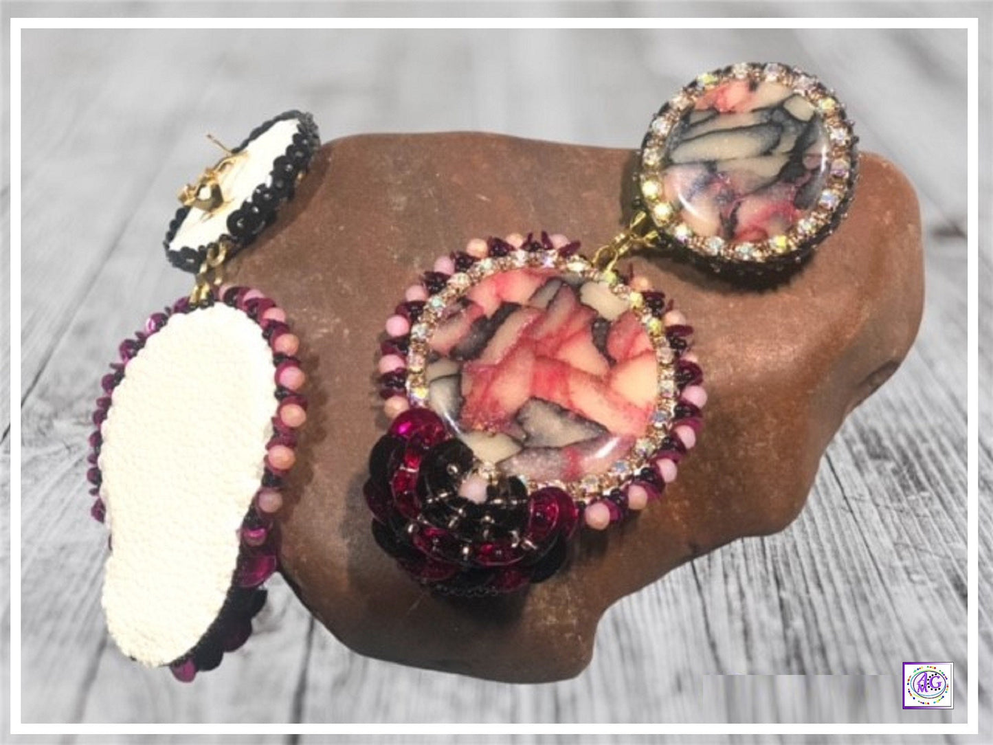 Beaded Earrings with Sequin Flower and Rhinestones