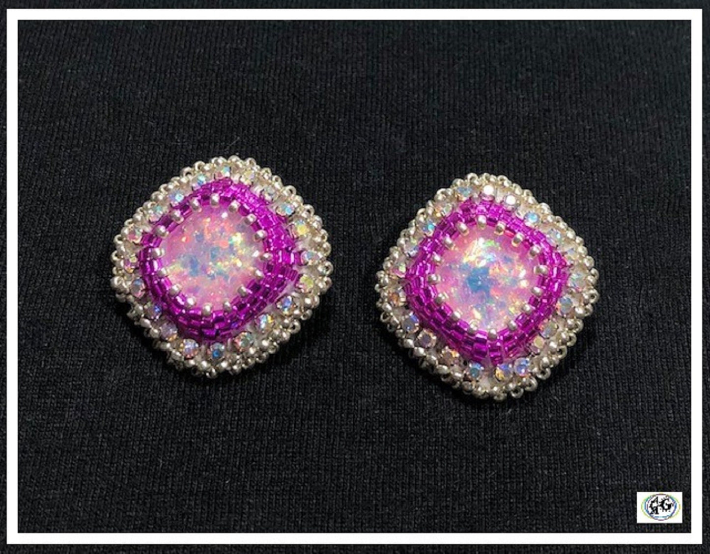 Fuchsia Beaded Rhinestone Stud Earrings