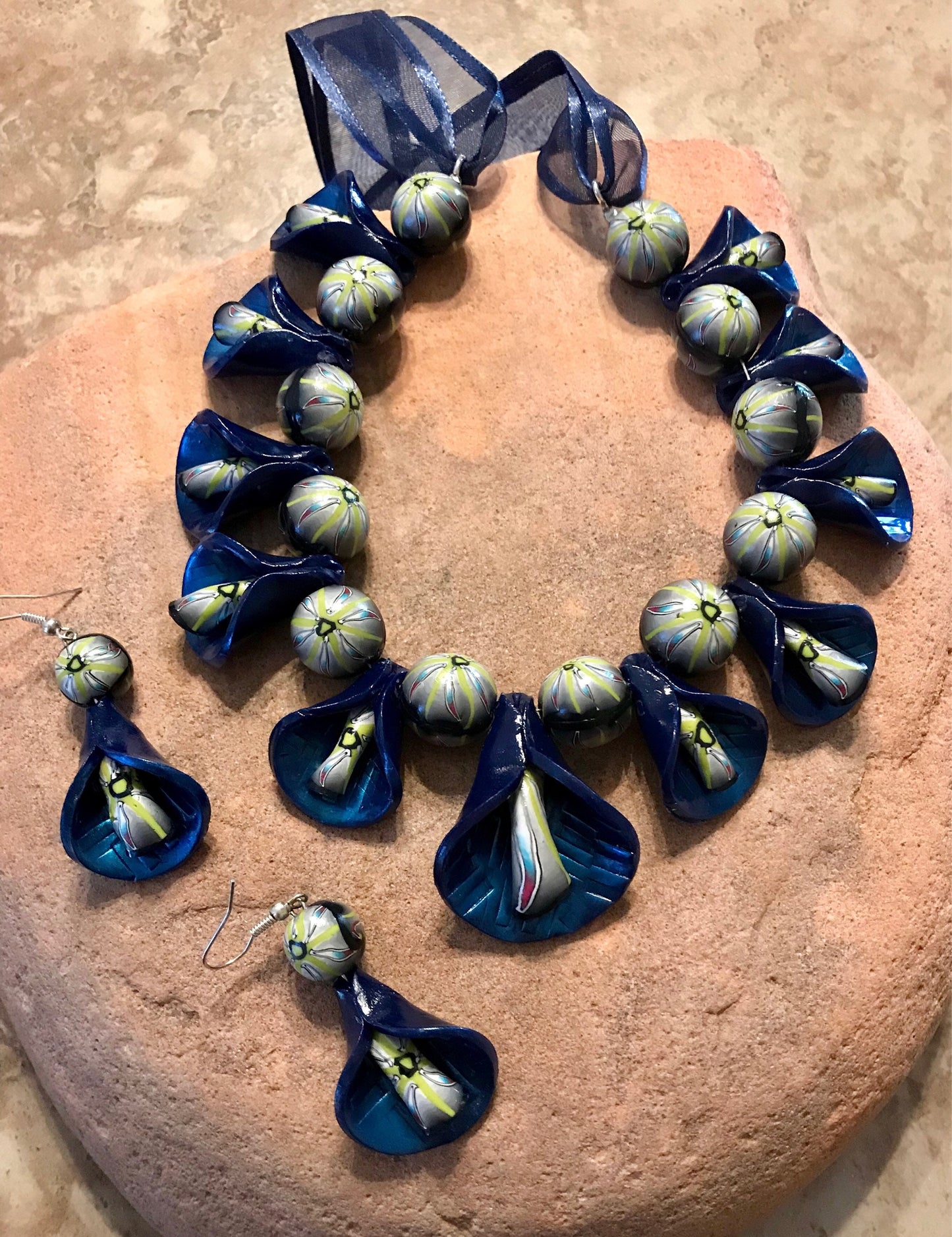 Dark Blue Peddle Necklace and Earring Set with Light Green Accents