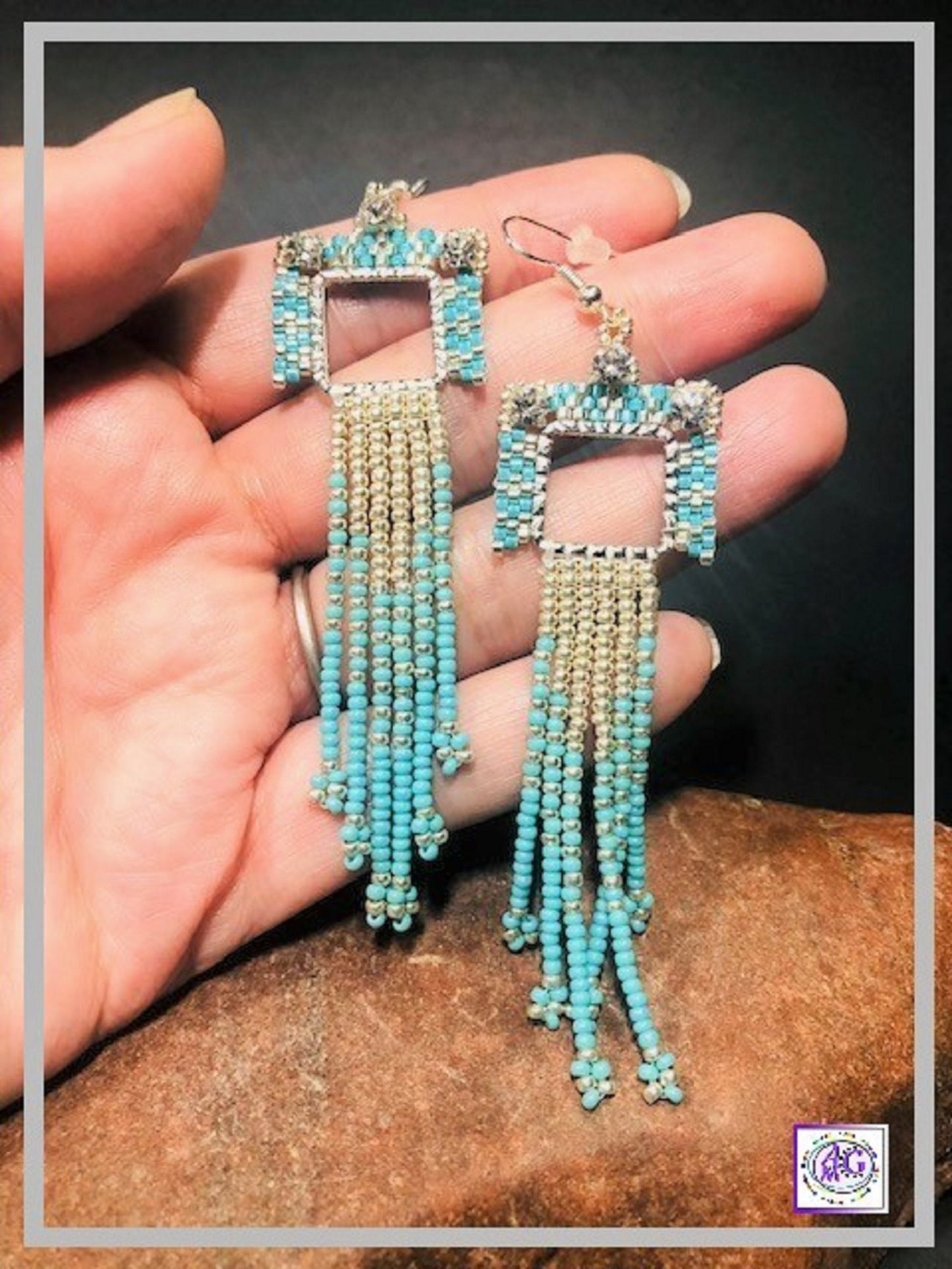 Silver and Turquoise Beaded Rhinestone Fringe Earrings