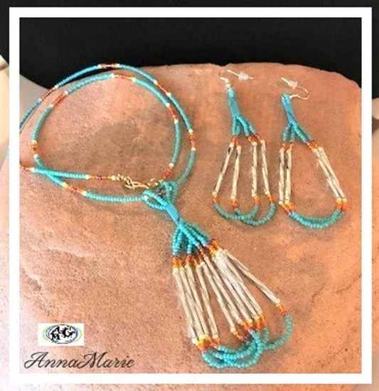 Tassel Bead Necklace Set with Rainbow and Turquoise Seed Beads