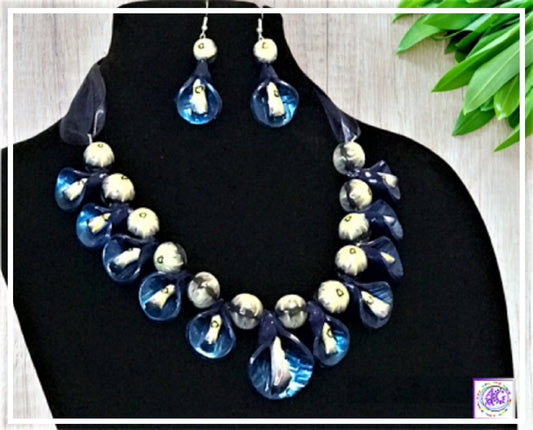 Dark Blue Peddle Necklace and Earring Set with Light Green Accents