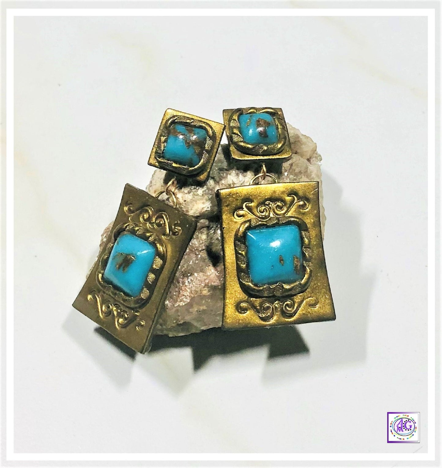 Boho Chic Faux Turquoise Gold Squash Blossom Necklace Set