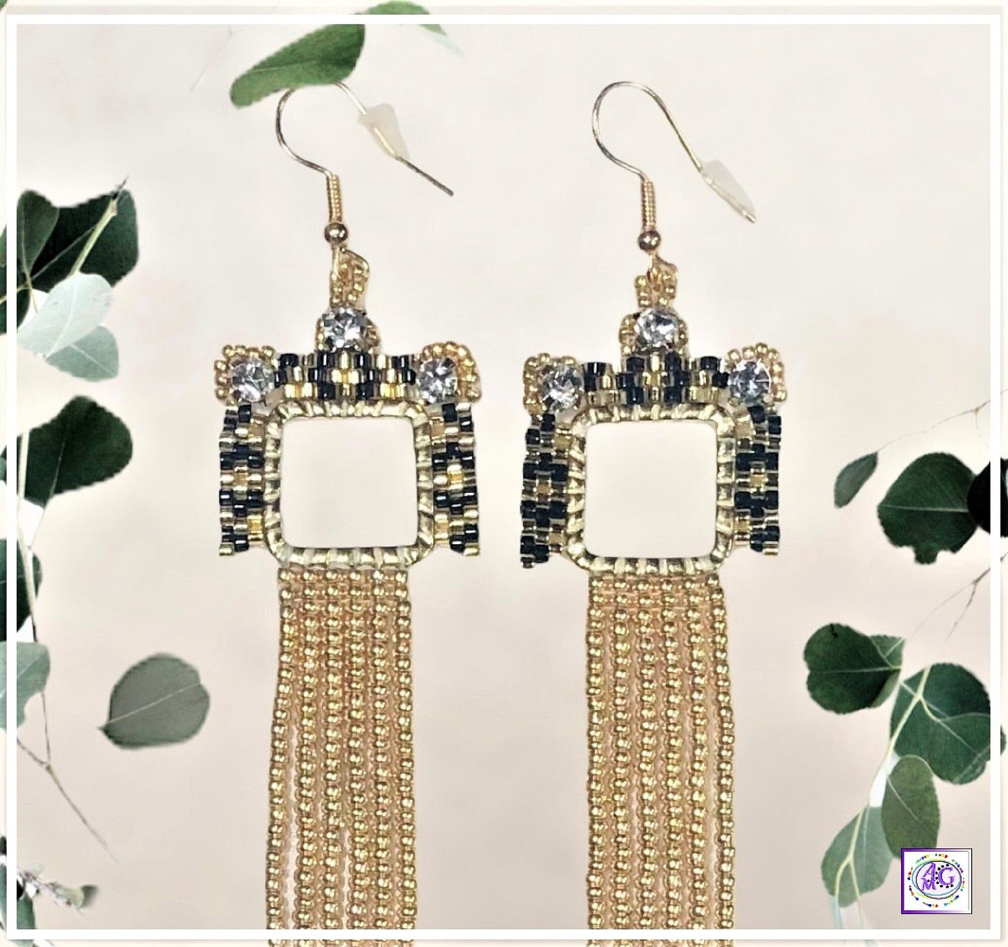 Gold and Black Beaded Rhinestone Fringe Earrings