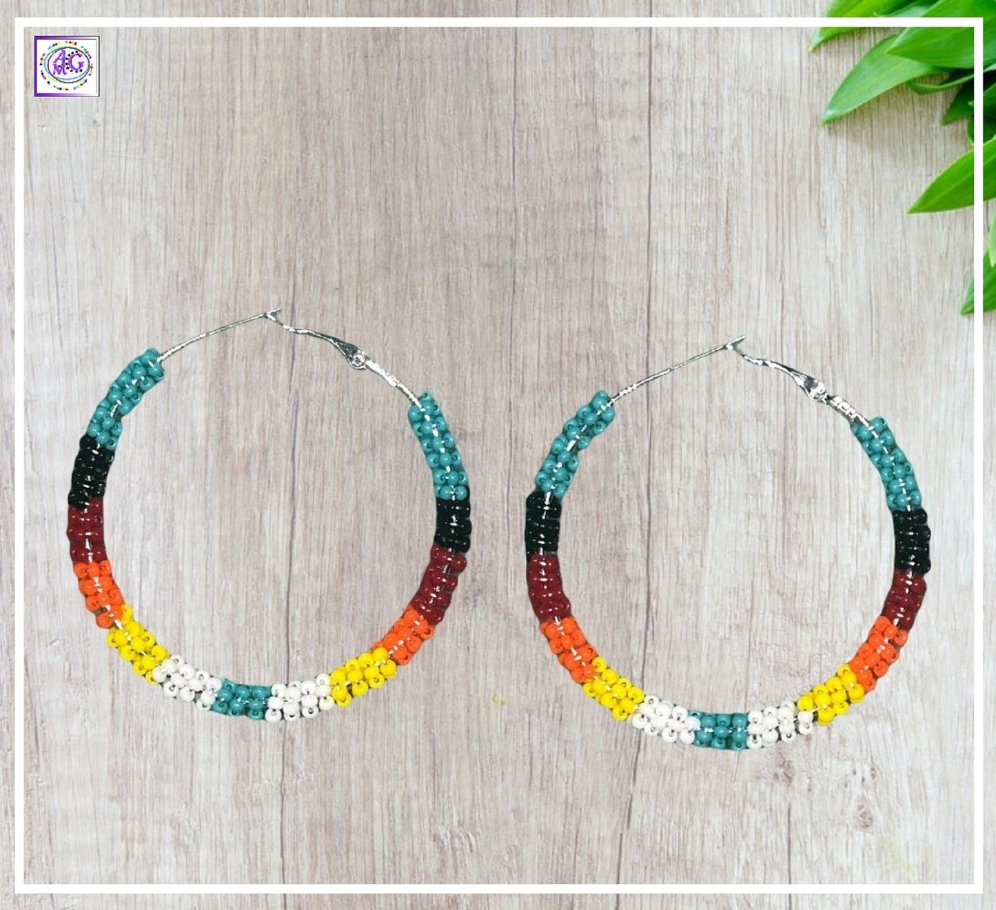 Multi Color Beaded Hoop Earrings 2"