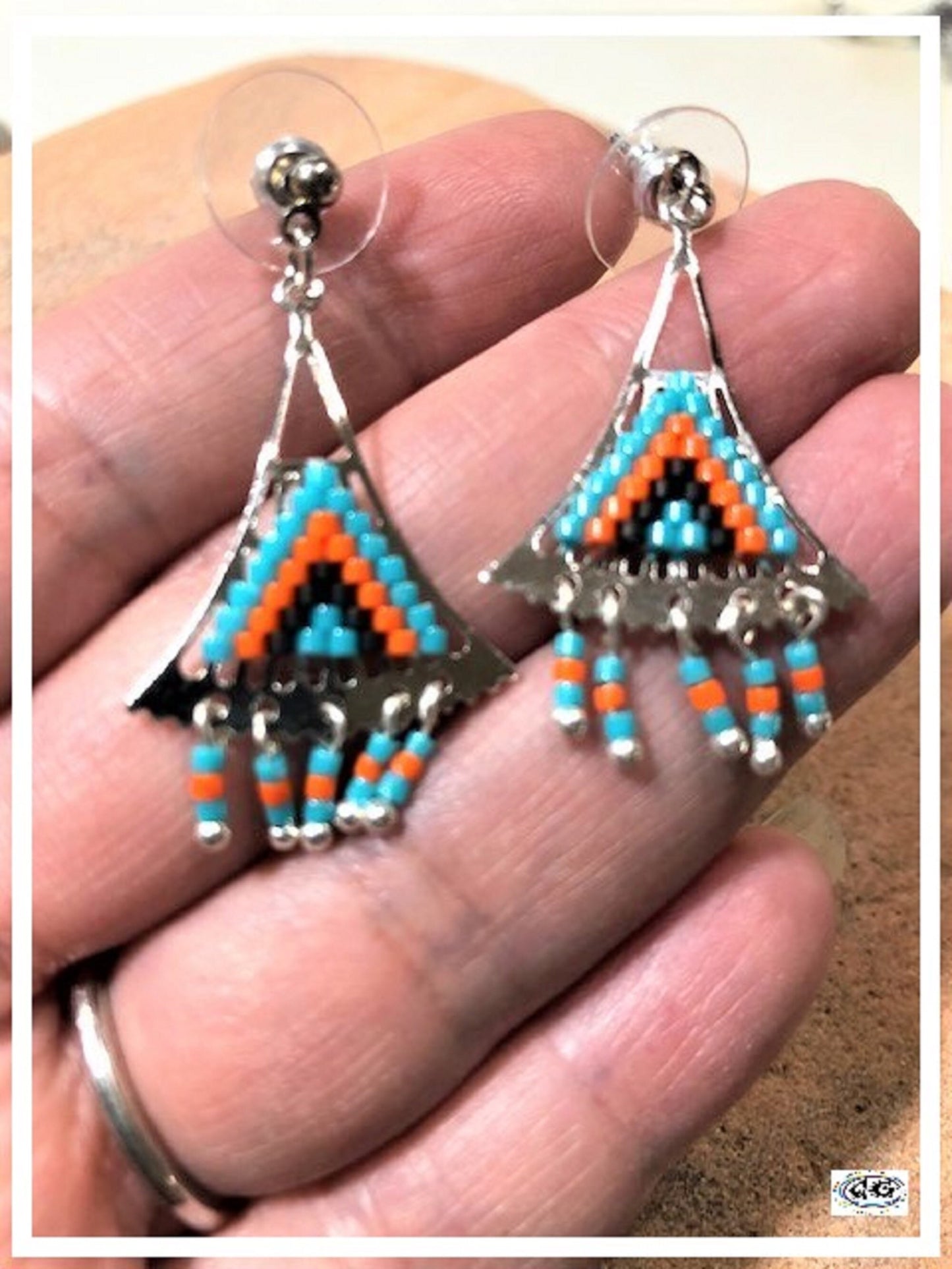 Orange Silver Beaded Triangle Earrings