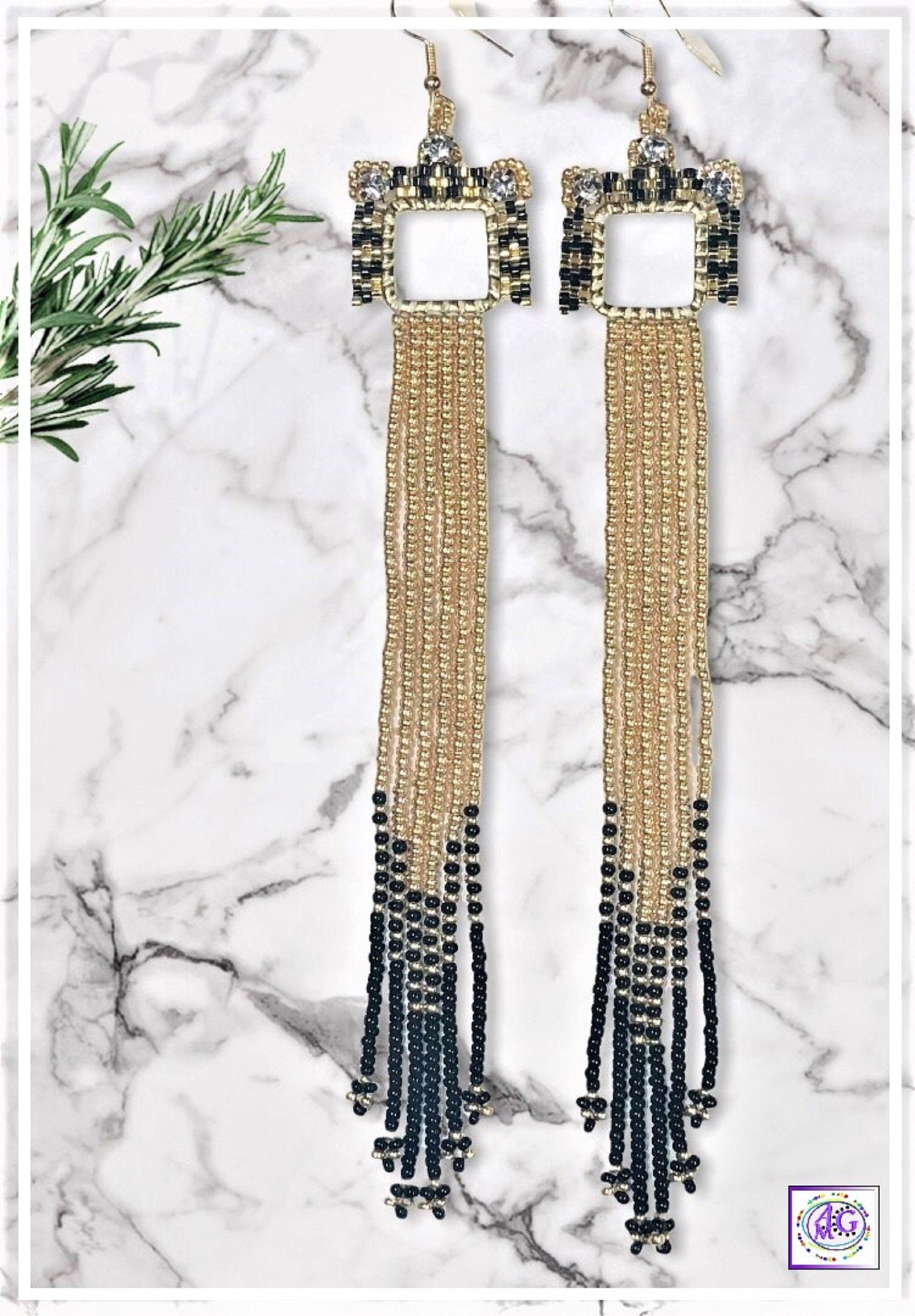 Gold and Black Beaded Rhinestone Fringe Earrings