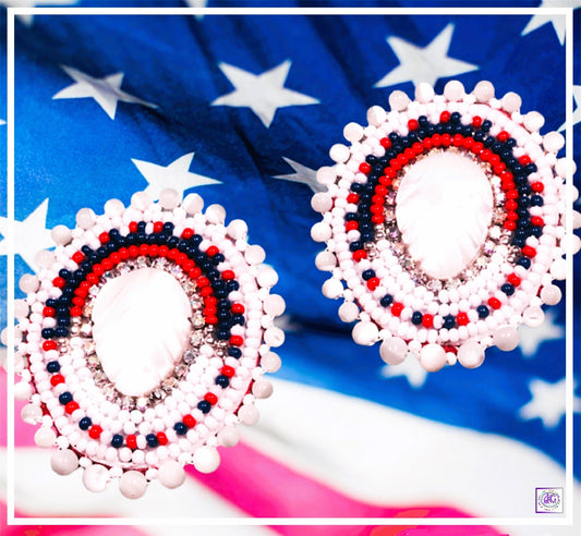 Mother of Pearl Leaf Beaded Earrings with Rhinestones, Red, White and Blue, Beaded Earrings