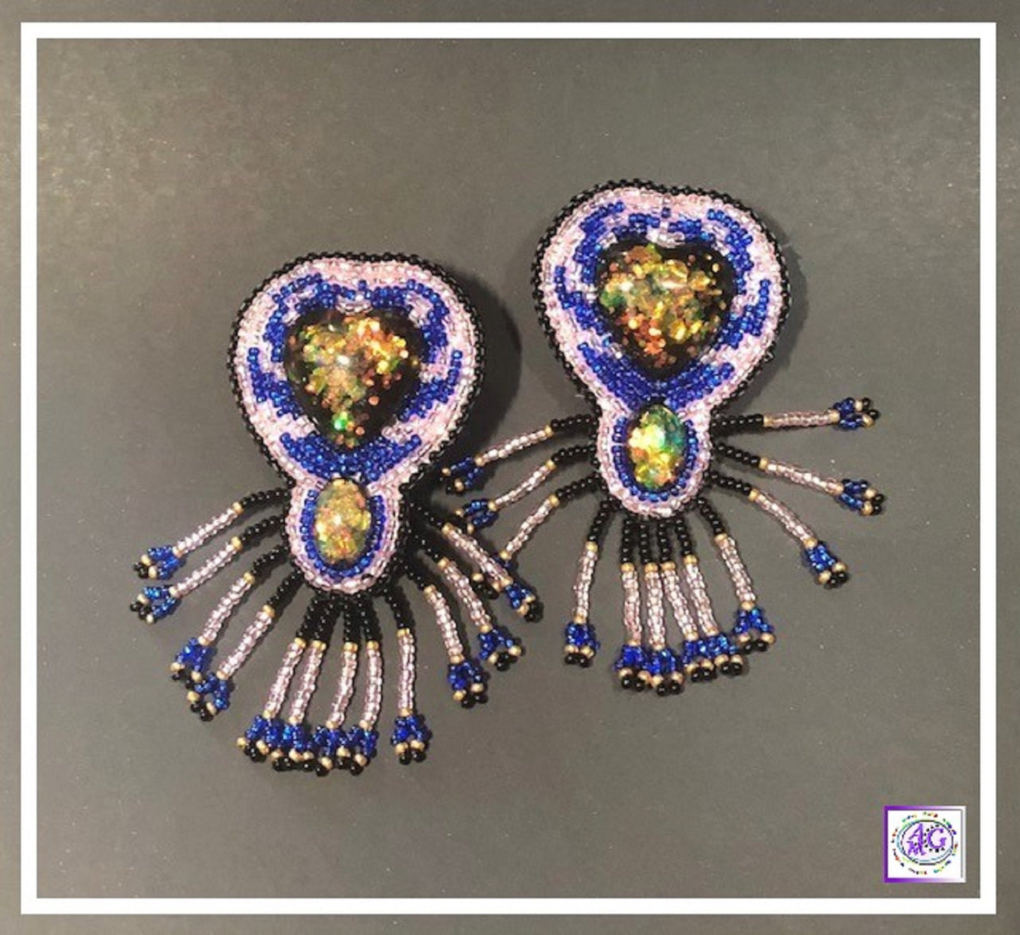 Beaded Fringe Earrings with Resin Heart 3"