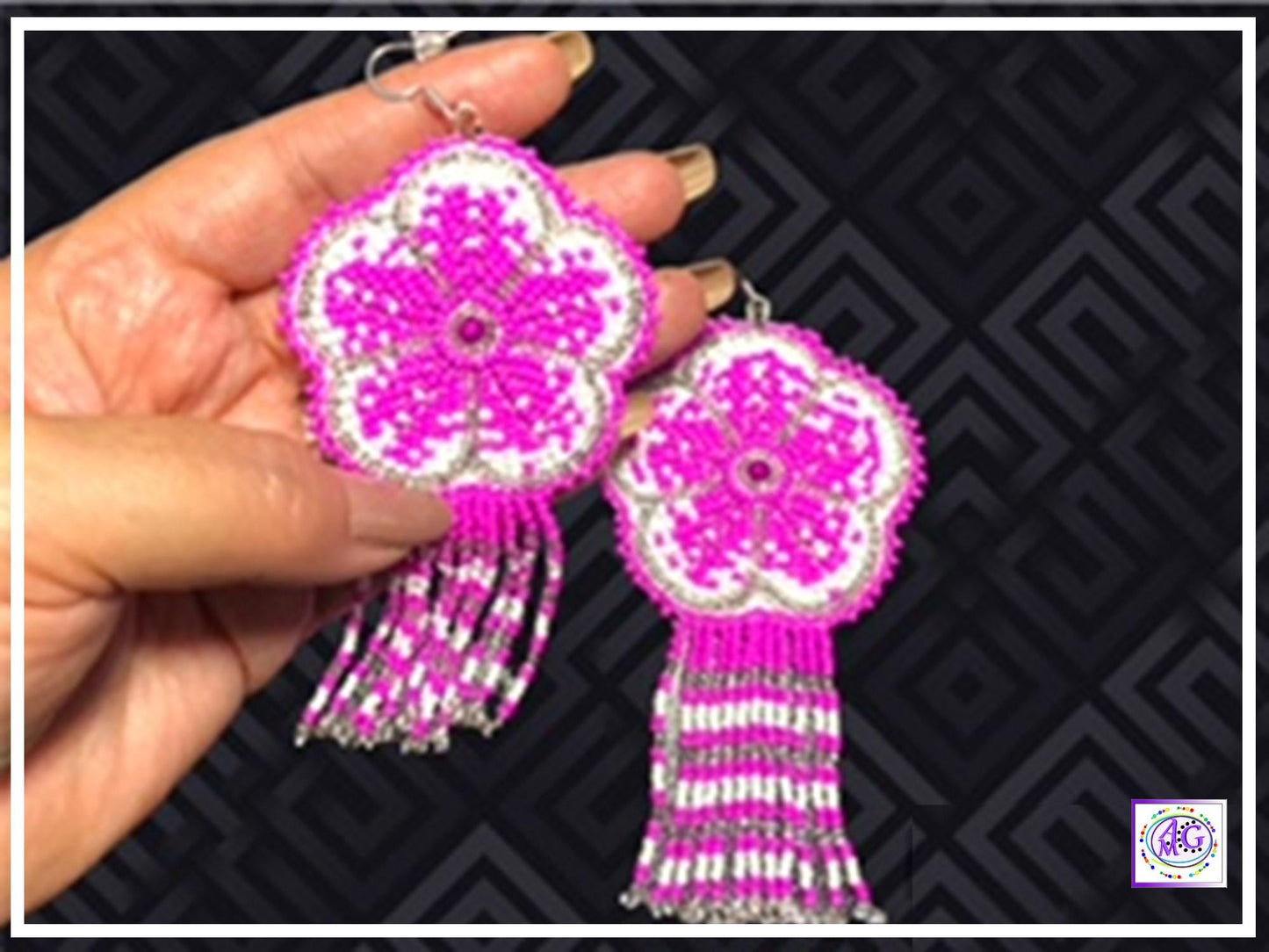 Pink Beaded Blooming Flower Fringe Earrings
