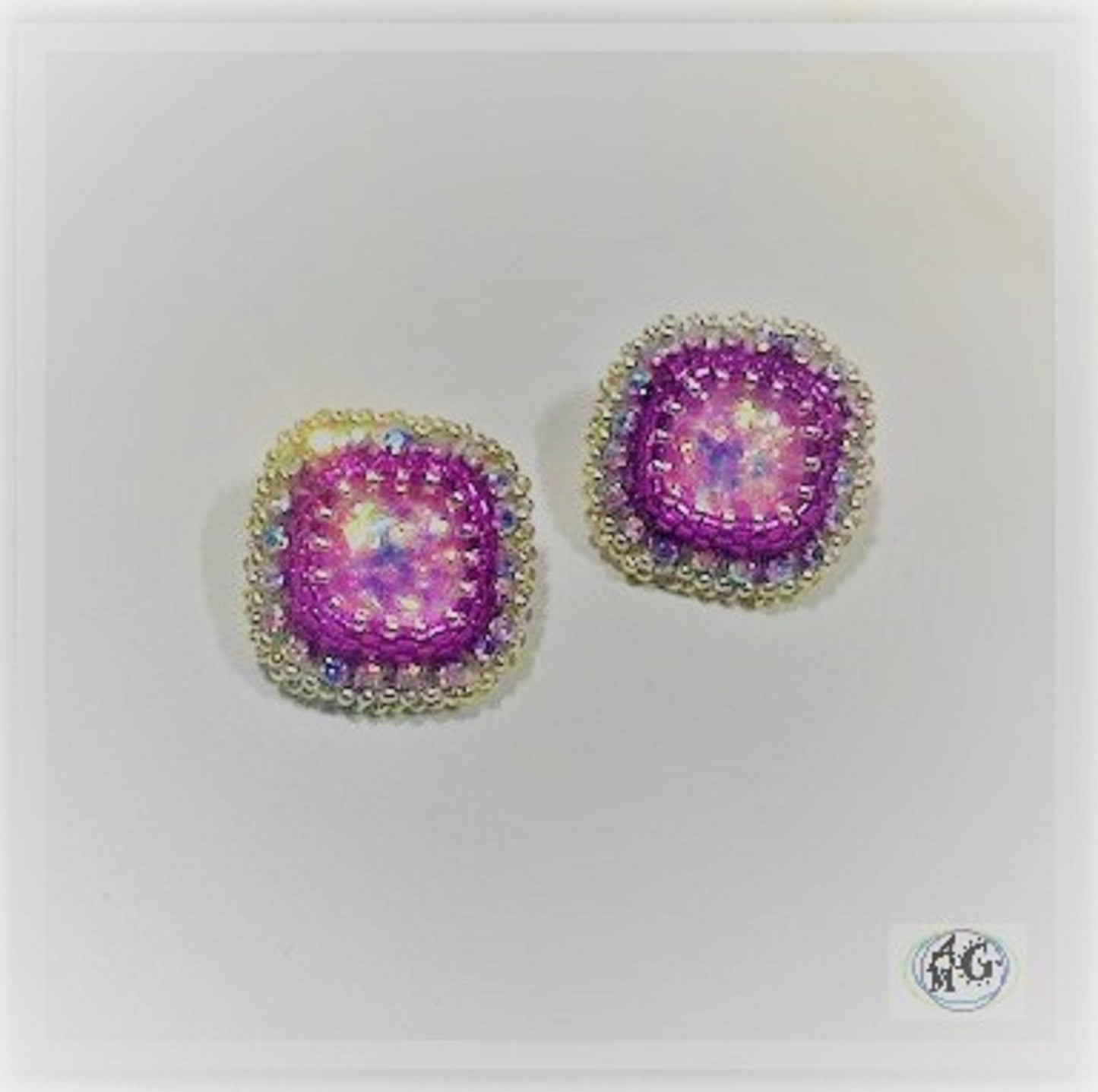 Fuchsia Beaded Rhinestone Stud Earrings