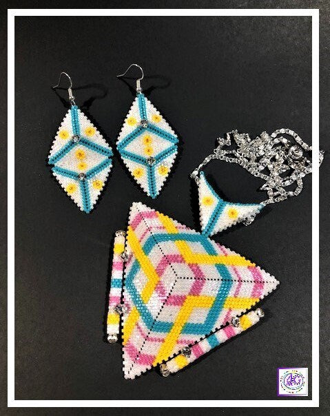 Beaded Triangle Necklace Set with Geometric Design (White)