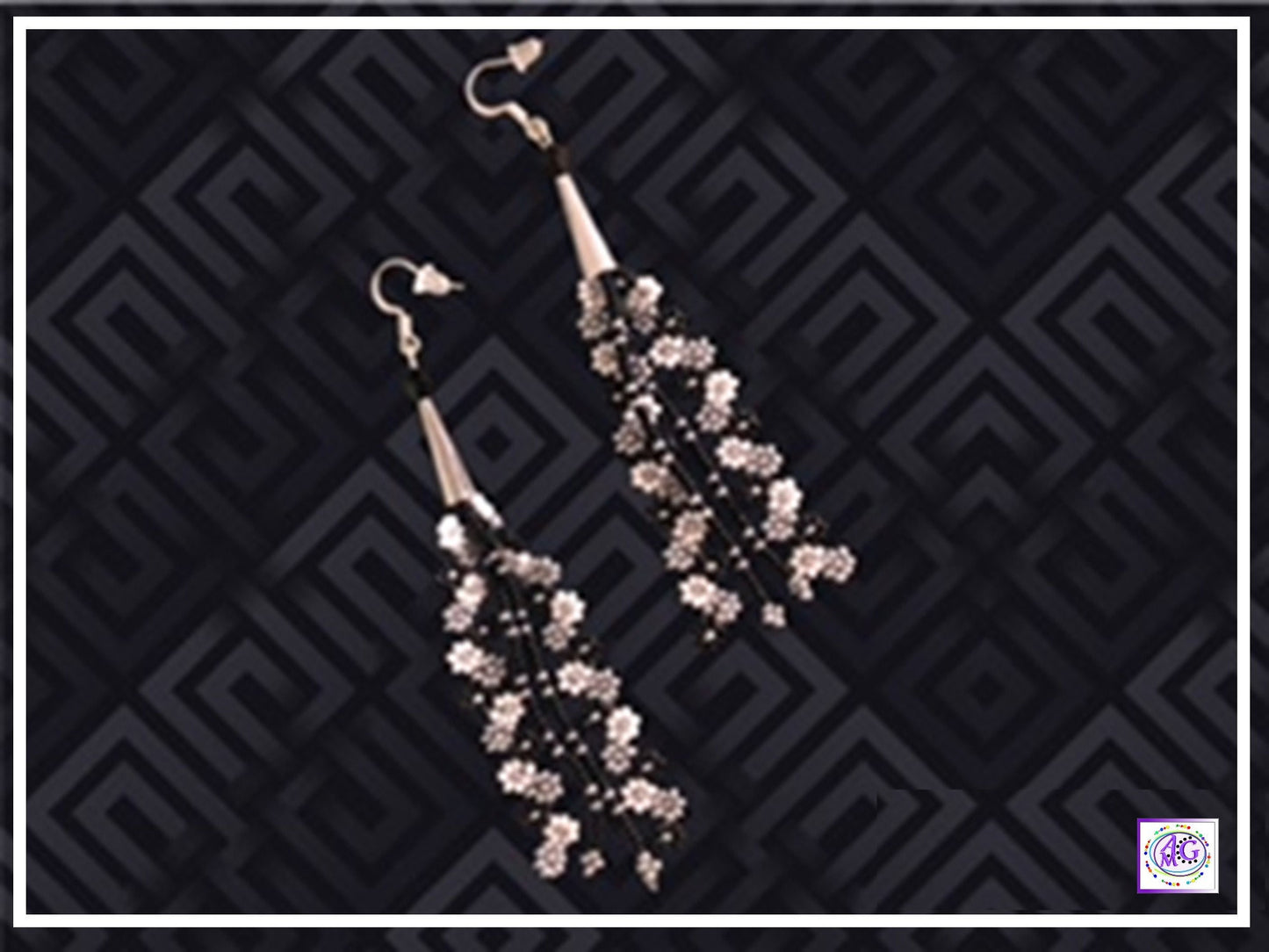 Black and White Beaded Daisy Flower Earrings