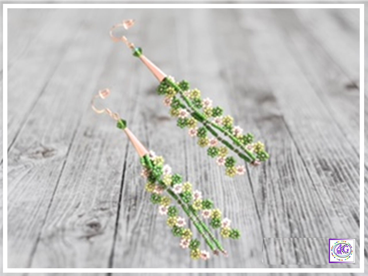 Green Beaded Daisy Flower Earrings