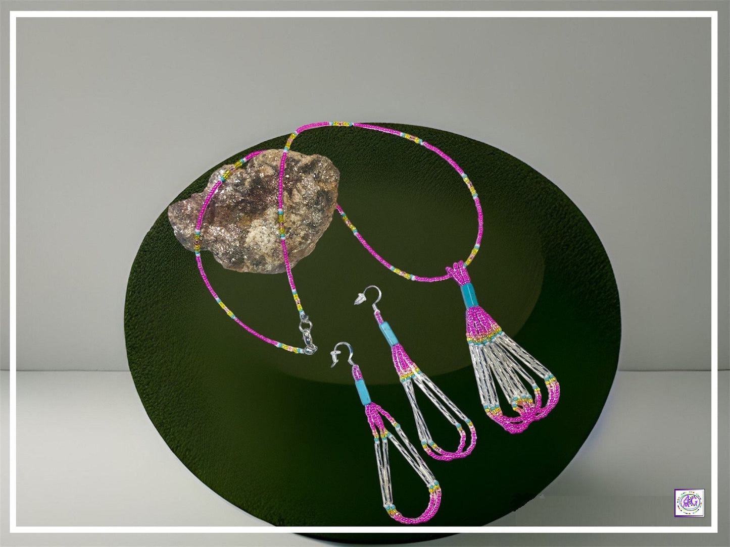 Tassel Beaded Necklace Set Rainbow and Pink Seed Beads