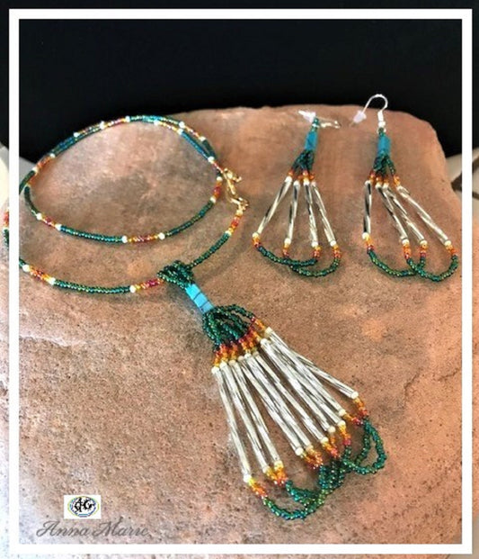 Tassel Bead Necklace Set with Rainbow and Green Seed Beads