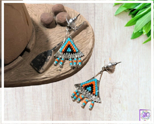 Orange Silver Beaded Triangle Earrings