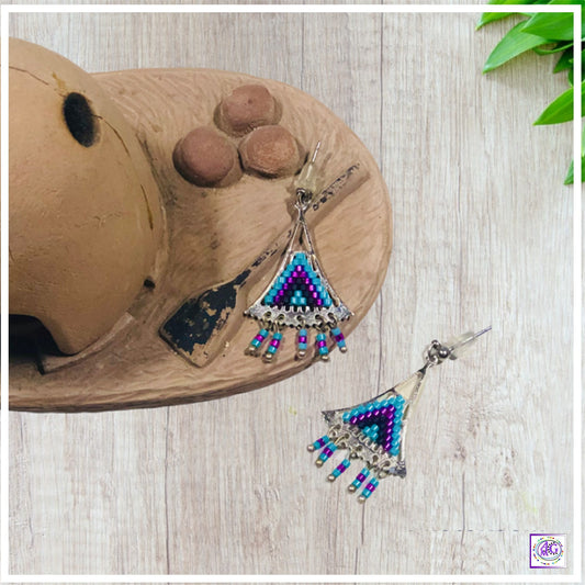 Fuchsia Silver Beaded Triangle Earrings