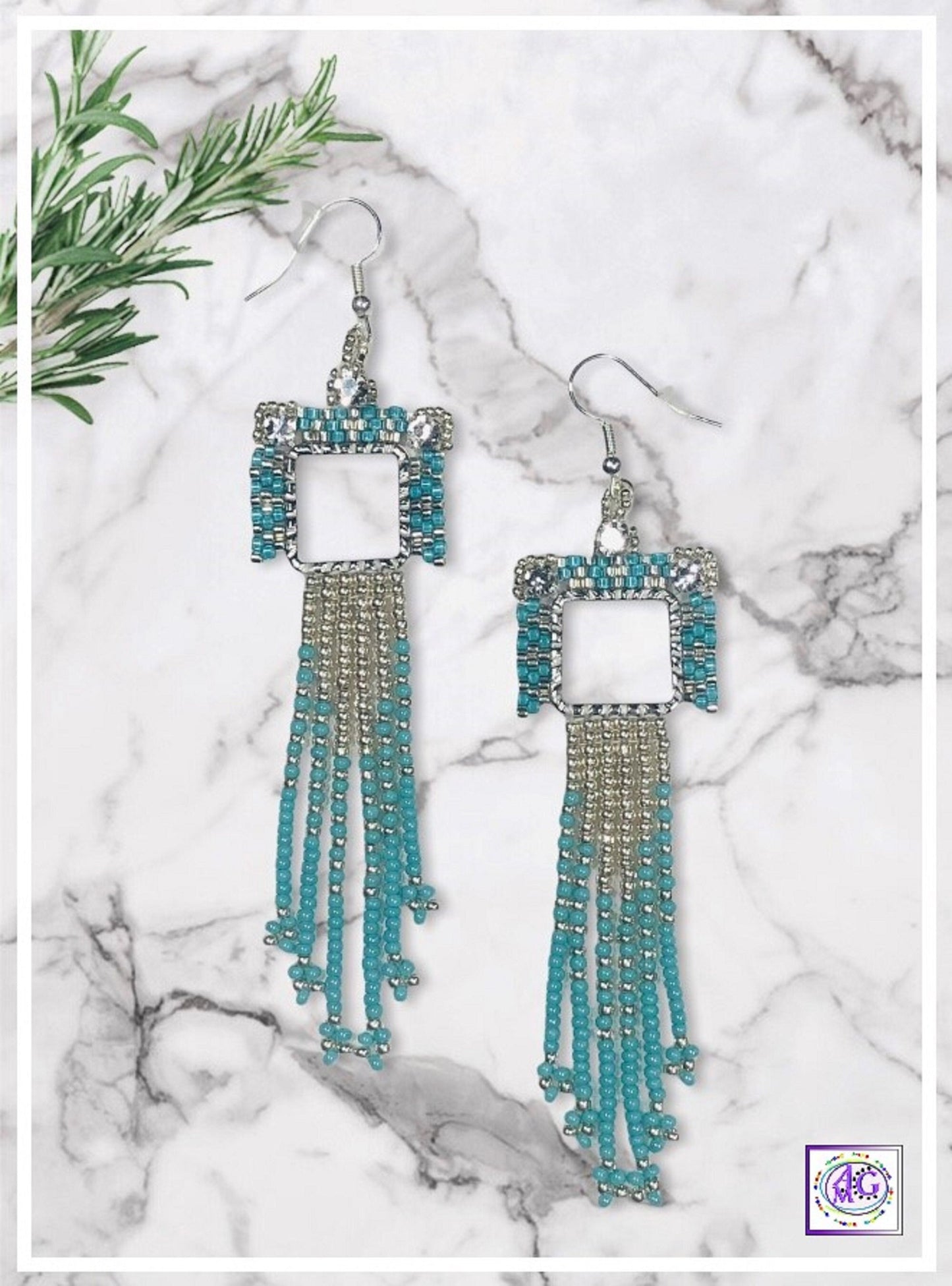 Silver and Turquoise Beaded Rhinestone Fringe Earrings