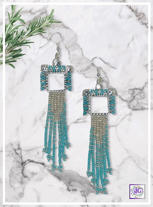 Silver and Turquoise Beaded Rhinestone Fringe Earrings