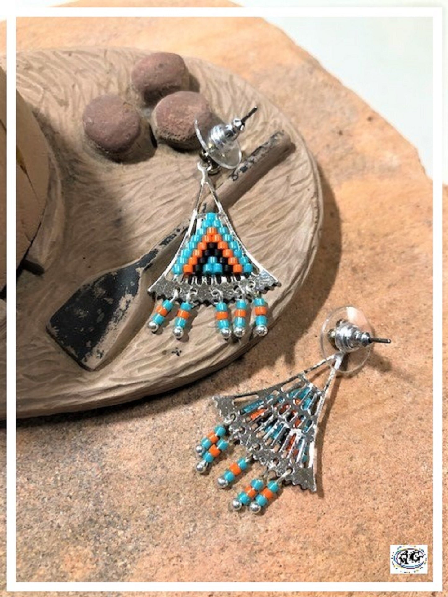 Orange Silver Beaded Triangle Earrings