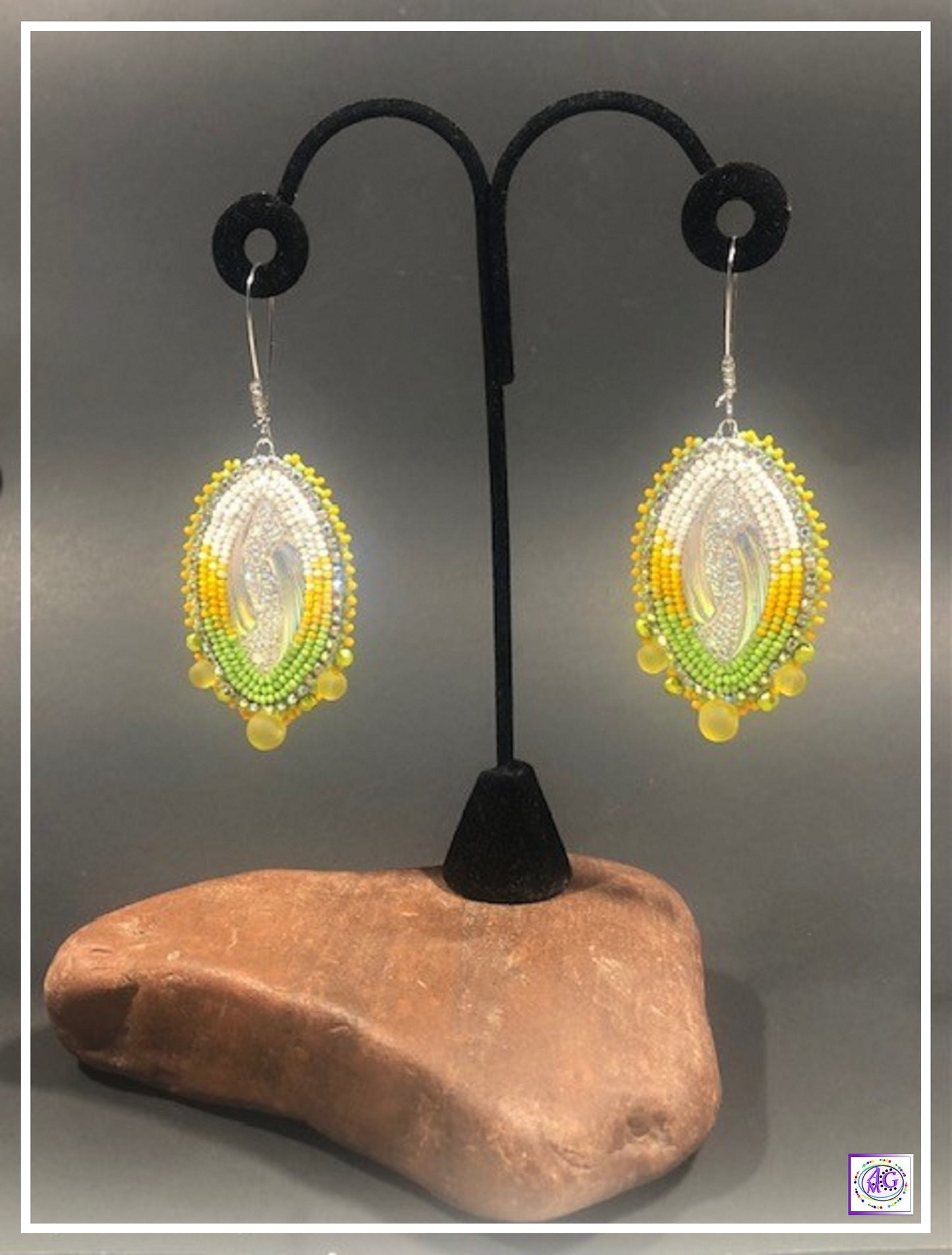 Beaded Earrings, Yellow Beaded Marquise Earrings