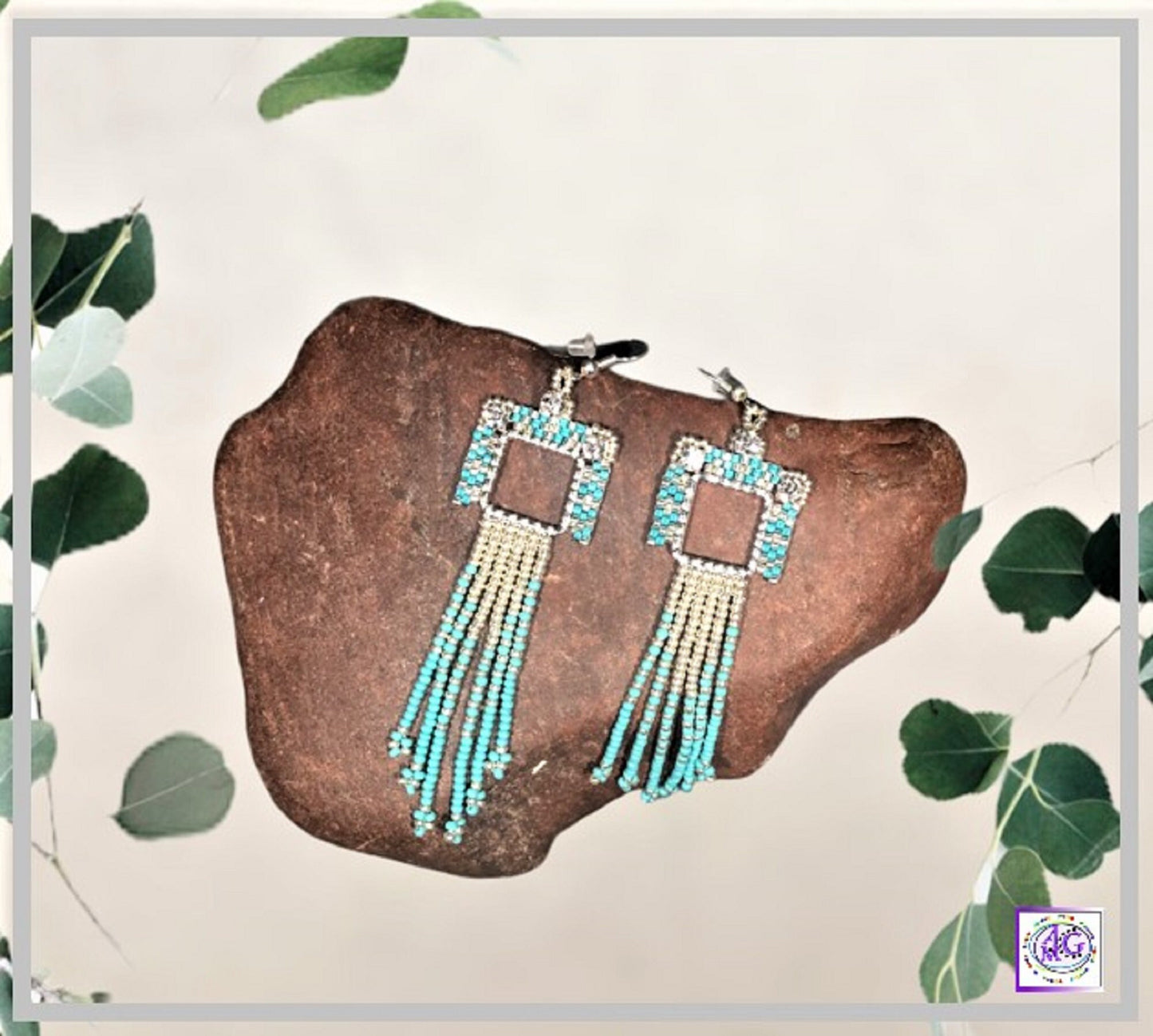 Silver and Turquoise Beaded Rhinestone Fringe Earrings