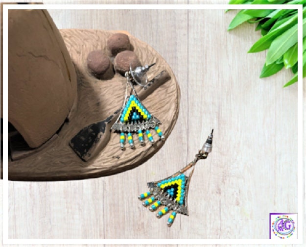 Silver Yellow Beaded Triangle Earrings