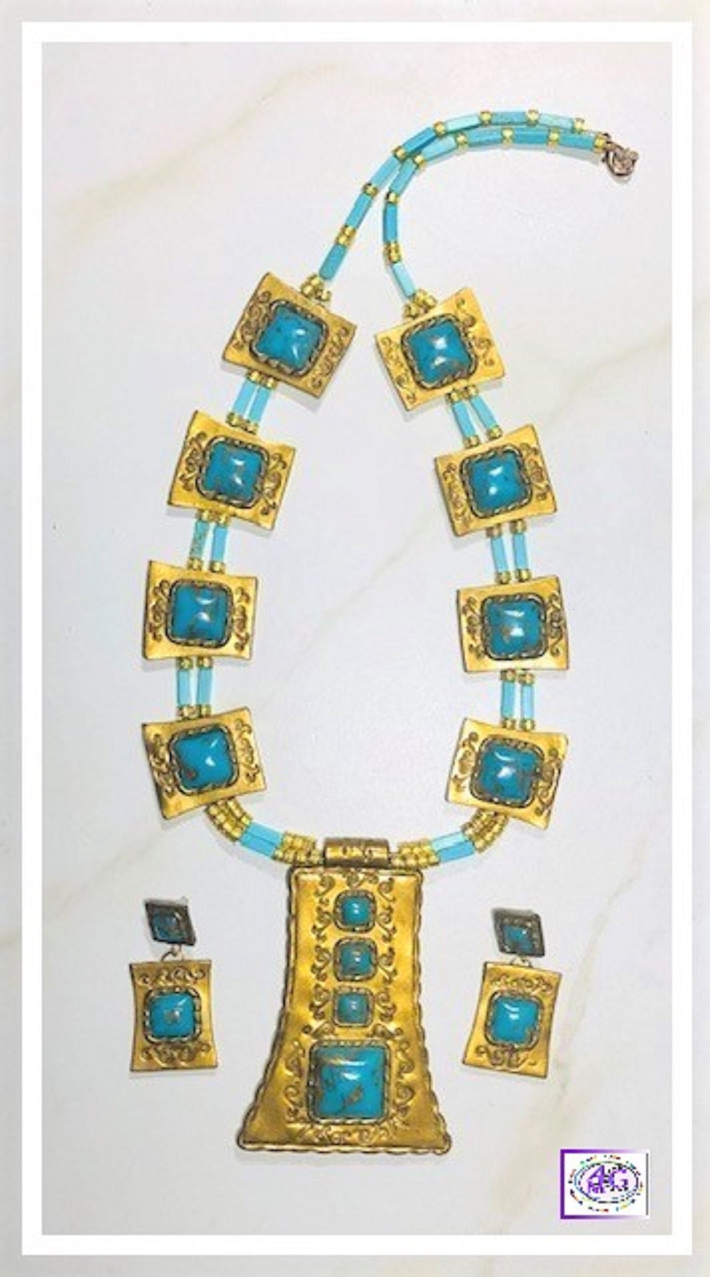 Boho Chic Faux Turquoise Gold Squash Blossom Necklace Set
