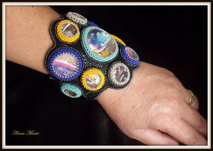 Colorful Sparkle Cuff Bracelet on Black Suede