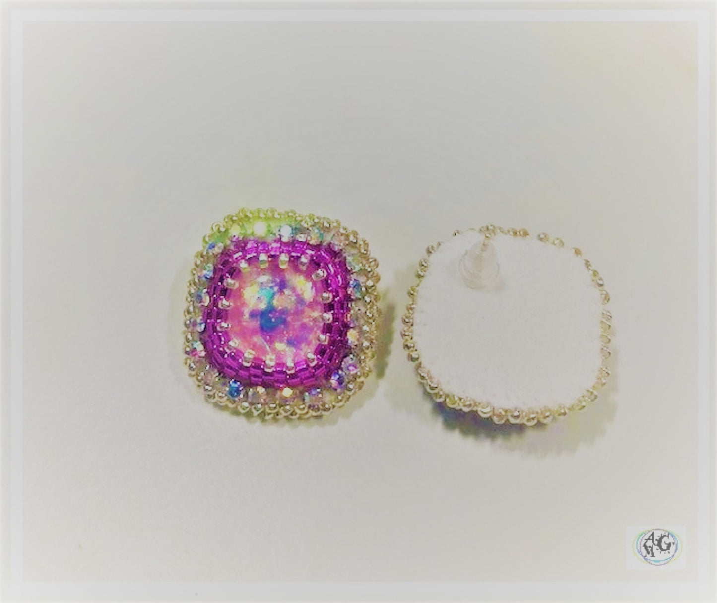 Fuchsia Beaded Rhinestone Stud Earrings