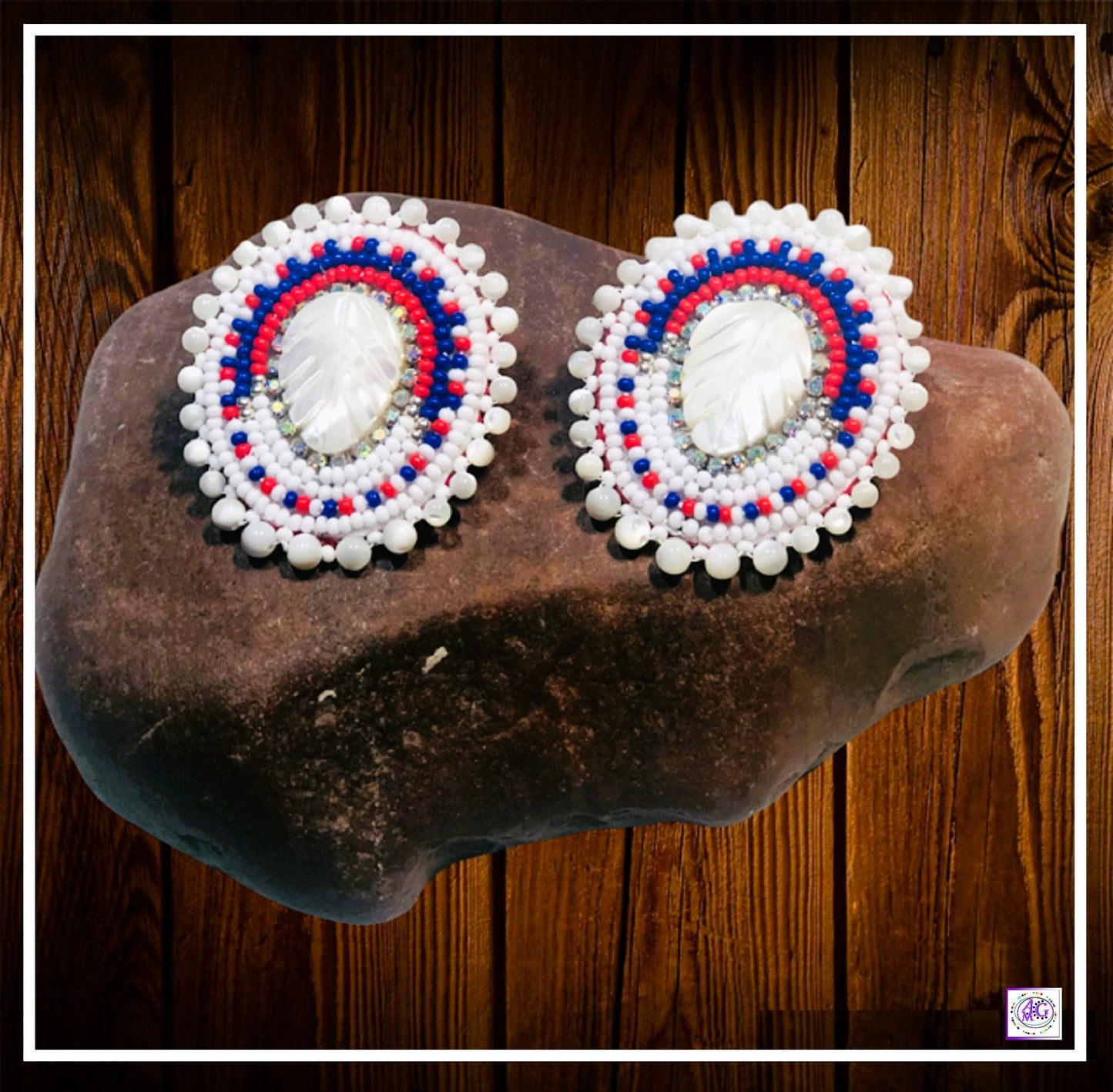 Mother of Pearl Leaf Beaded Earrings with Rhinestones, Red, White and Blue, Beaded Earrings