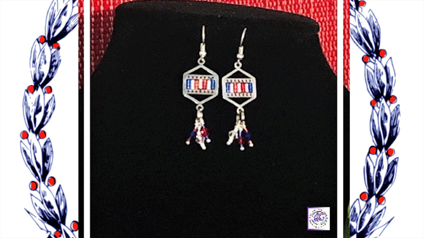 Red, White and Blue Delica Bead Earrings with Crystals