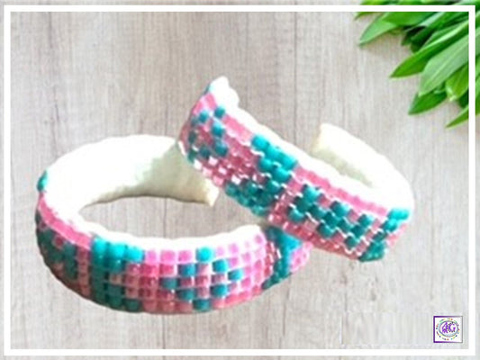 Pink and Teal Beaded Hoop Earrings