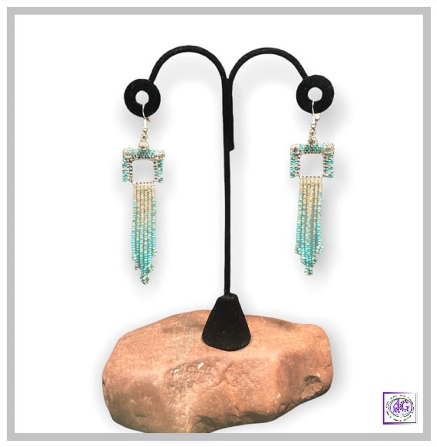 Silver and Turquoise Beaded Rhinestone Fringe Earrings