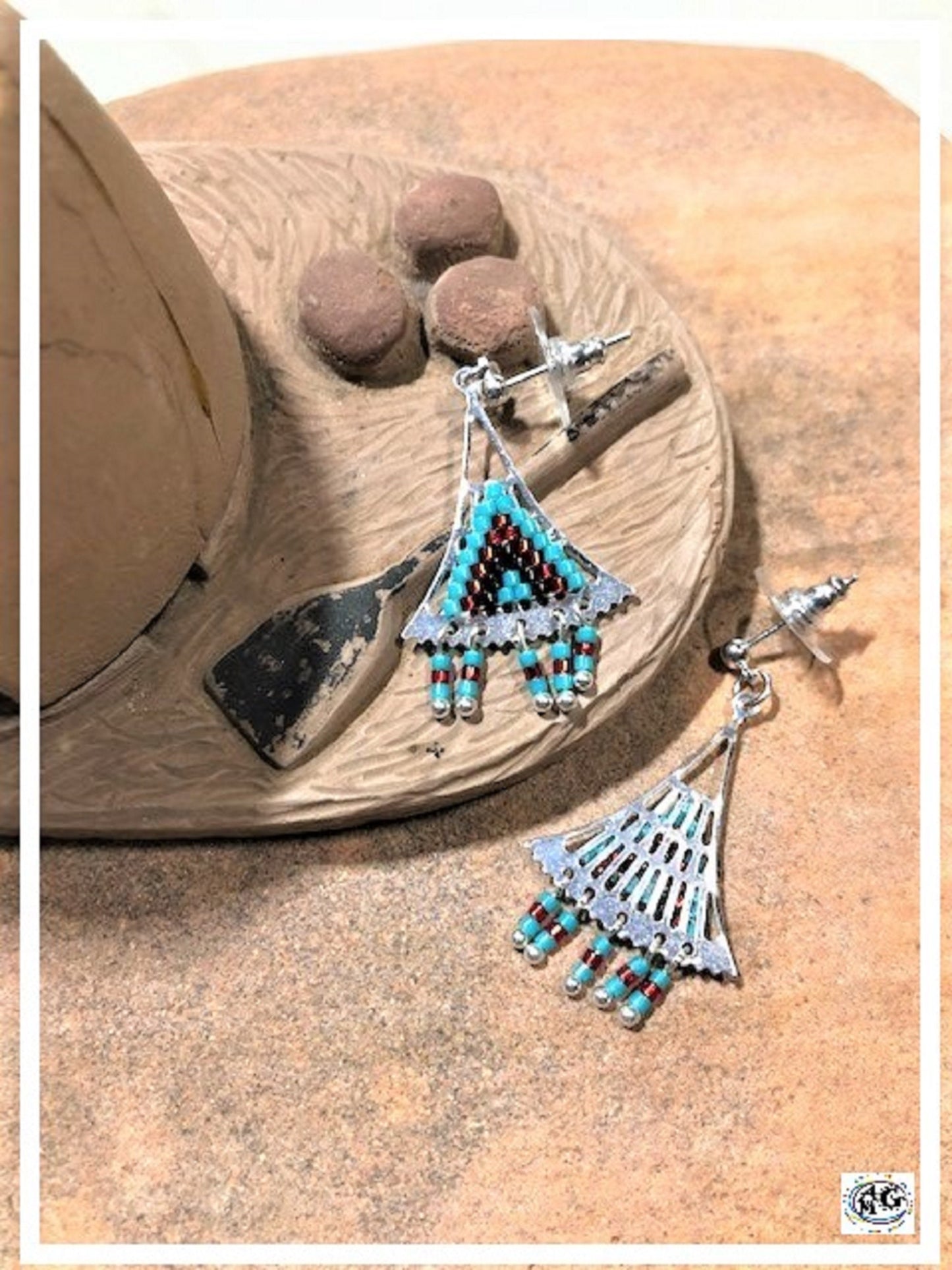 Red Silver Beaded Triangle Earrings
