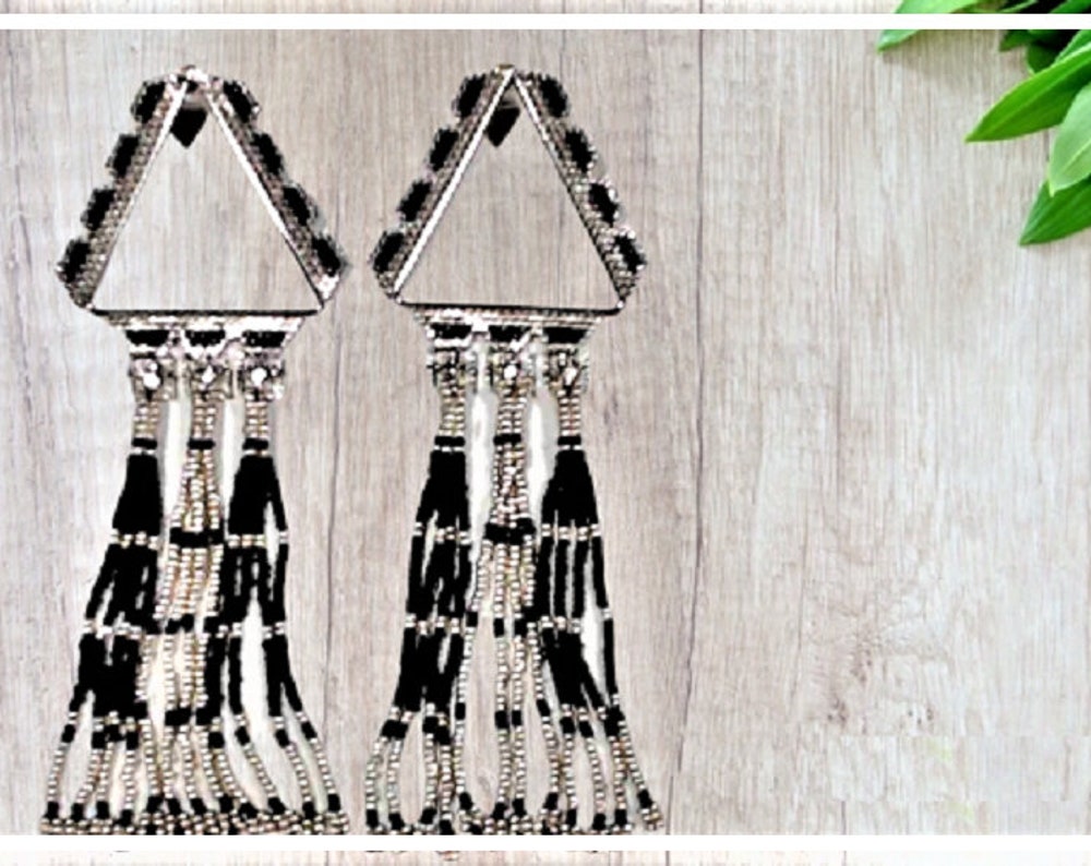 Black and Silver Beaded Fringe Earrings with Rhinestones